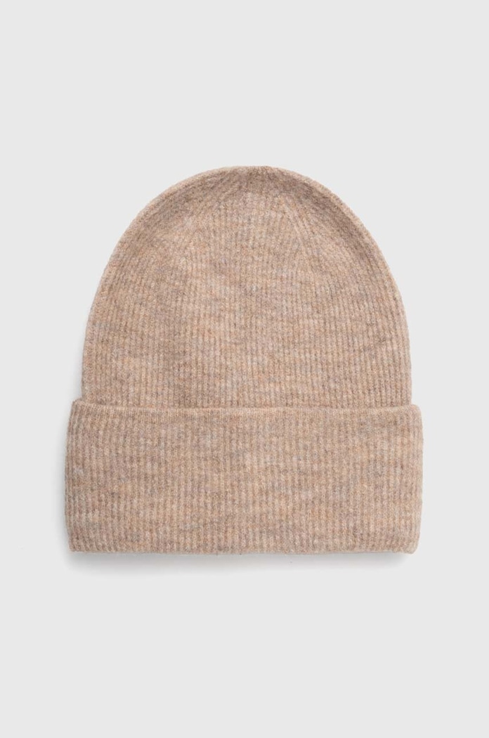 Czapka damska beanie prążkowana kolor beżowy średniej grubości beżowy RW23.CAD503