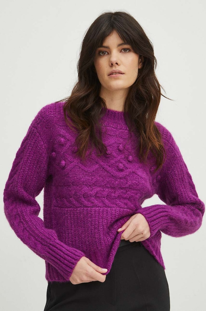 Sweter z domieszką wełny damski z fakturą kolor różowy gładkie różowy RW23.SWDC20