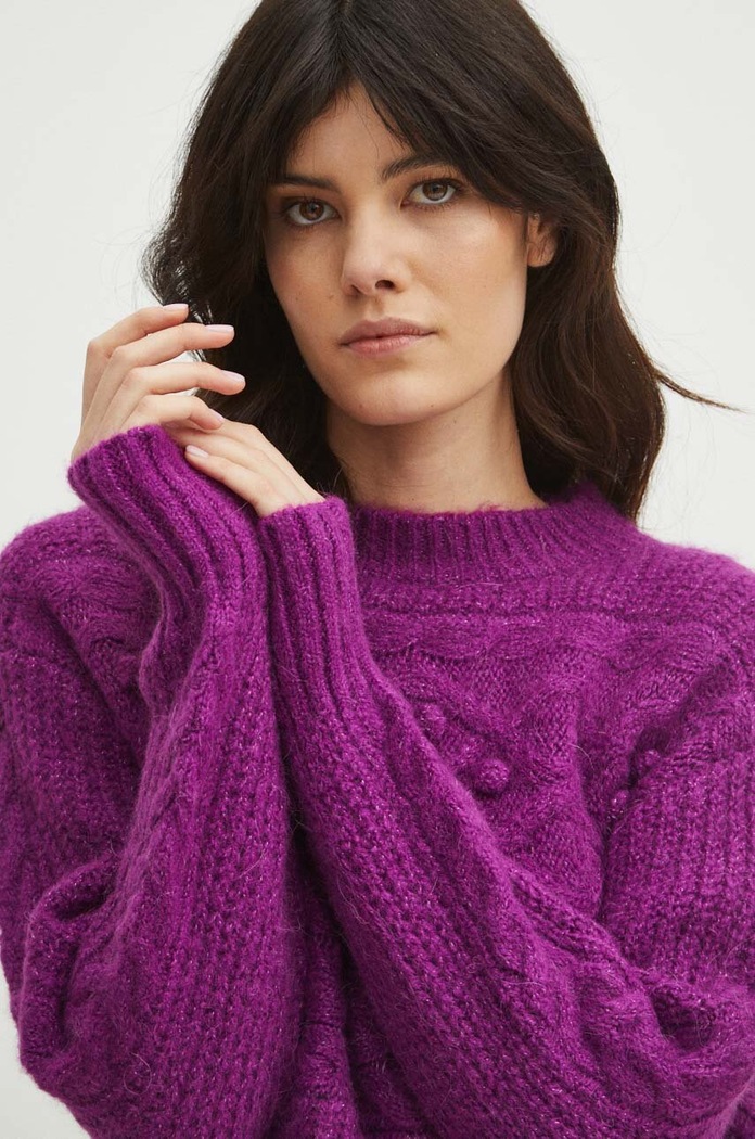 Sweter z domieszką wełny damski z fakturą kolor różowy różowy RW23.SWDC20