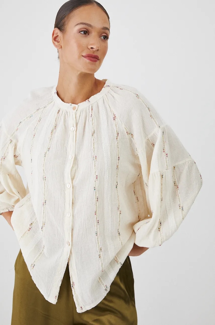 Bluzka z lnem damska oversize z fakturą kolor beżowy bawełna beżowy RW24-BDD570