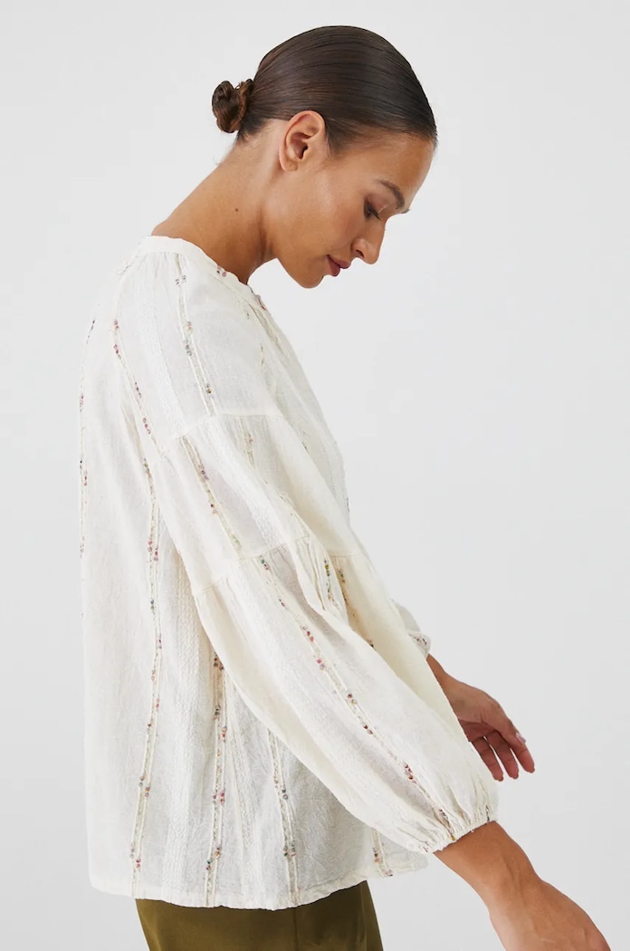 Bluzka z lnem damska oversize z fakturą kolor beżowy beżowy RW24-BDD570