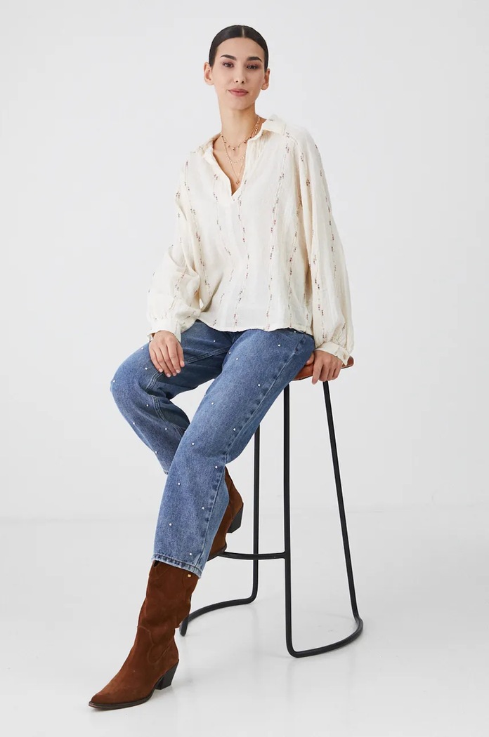 Bluzka z lnem damska oversize z fakturą kolor beżowy RW24-BDD571 beżowy RW24