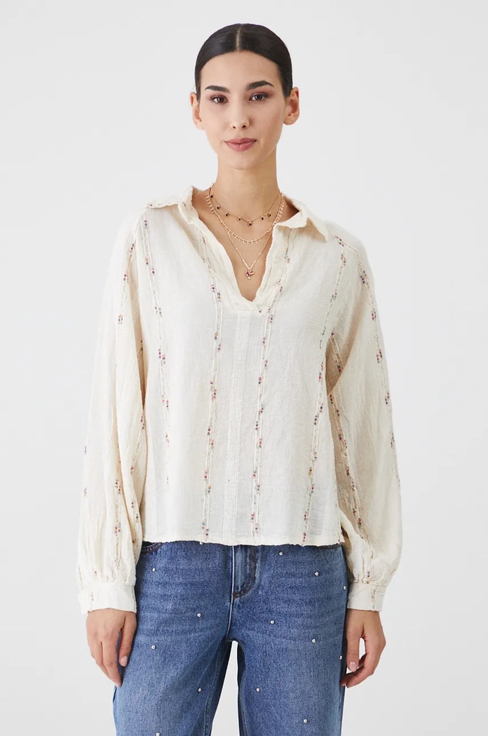 Bluzka z lnem damska oversize z fakturą kolor beżowy beżowy RW24-BDD571