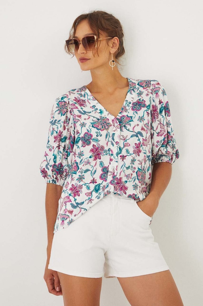Bluzka damska oversize wzorzysta kolor beżowy casual beżowy RW24-BKD201