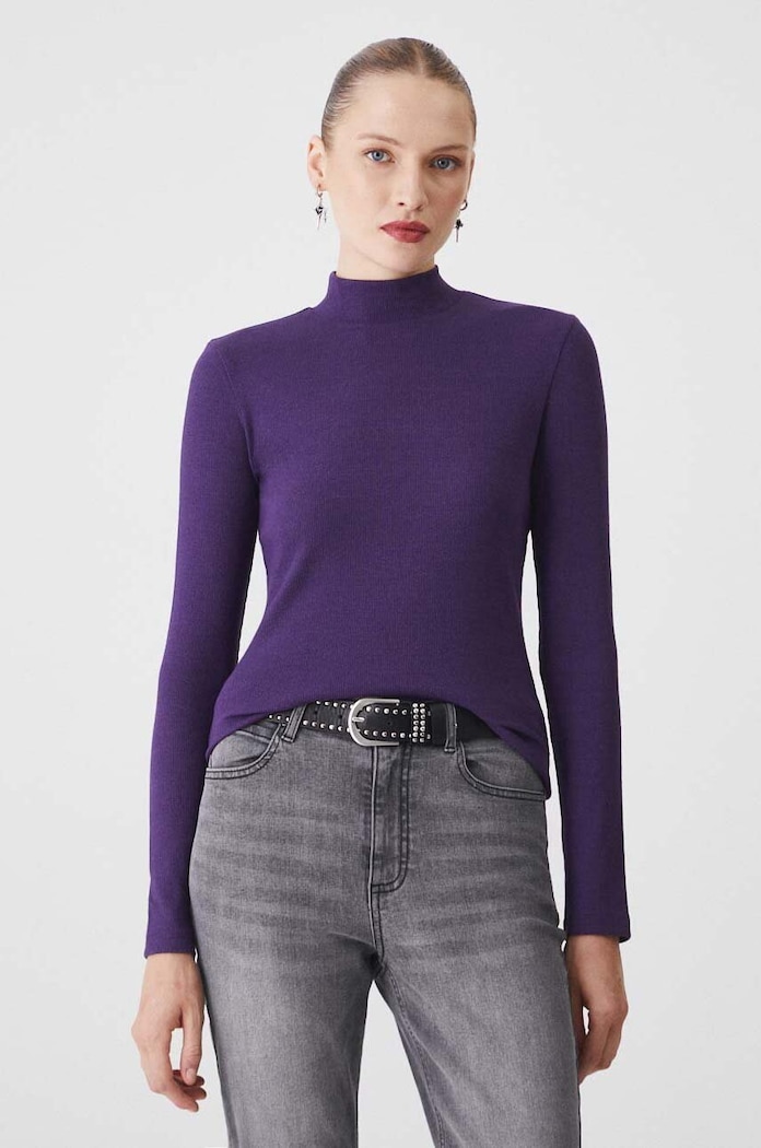 Longsleeve damski prążkowany kolor fioletowy z elastanem fioletowy RW24-BUD051