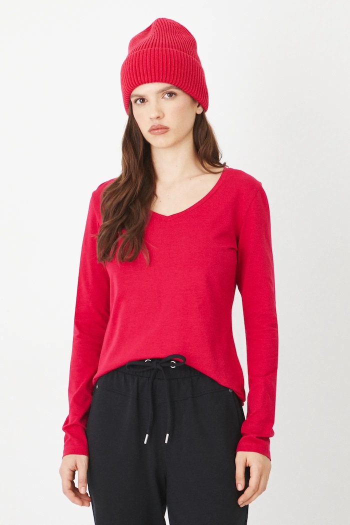 Longsleeve bawełniany damski z domieszką elastanu kolor czerwony z elastanem czerwony RW24-BUD060