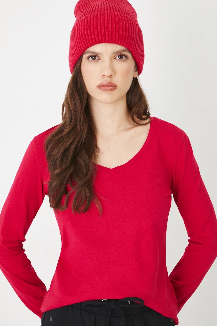 Longsleeve bawełniany damski z domieszką elastanu kolor czerwony RW24-BUD060 czerwony RW24