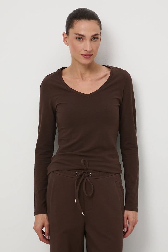 Longsleeve bawełniany damski z domieszką elastanu kolor brązowy brązowy RW24-BUD060
