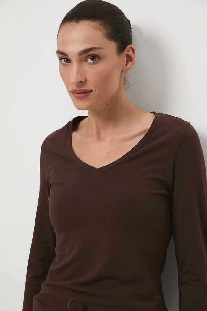 Longsleeve bawełniany damski z domieszką elastanu kolor brązowy RW24-BUD060 brązowy