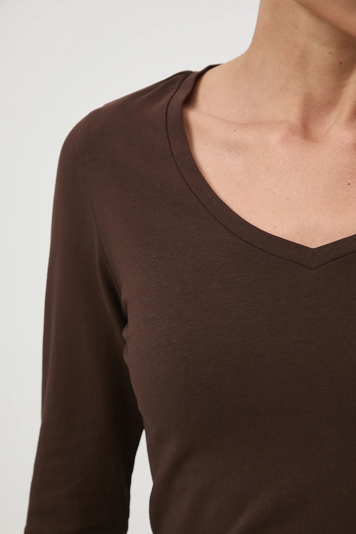 Longsleeve bawełniany damski z domieszką elastanu kolor brązowy RW24-BUD060