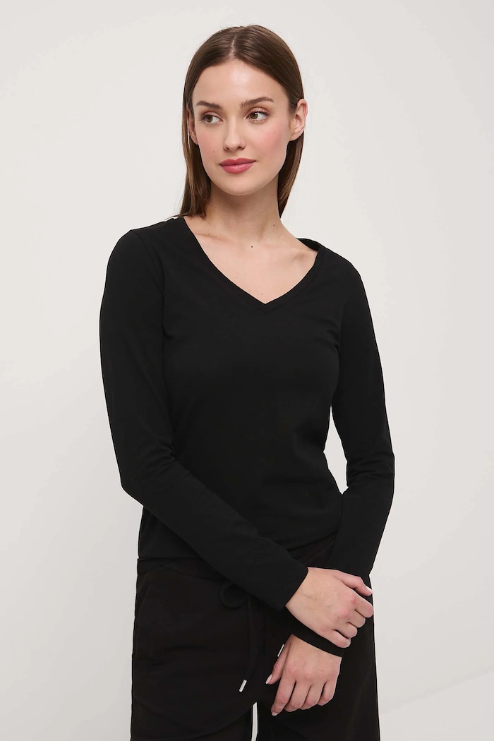 Longsleeve bawełniany damski z domieszką elastanu kolor czarny czarny RW24-BUD060