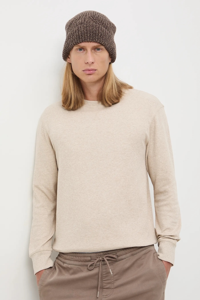 Longsleeve męski z fakturą kolor beżowy melanż beżowy RW24-BUM051