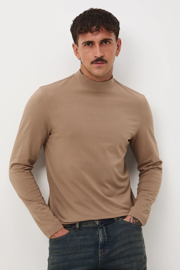 Longsleeve bawełniany męski z domieszką elastanu gładki kolor brązowy z elastanem brązowy RW24-BUM060