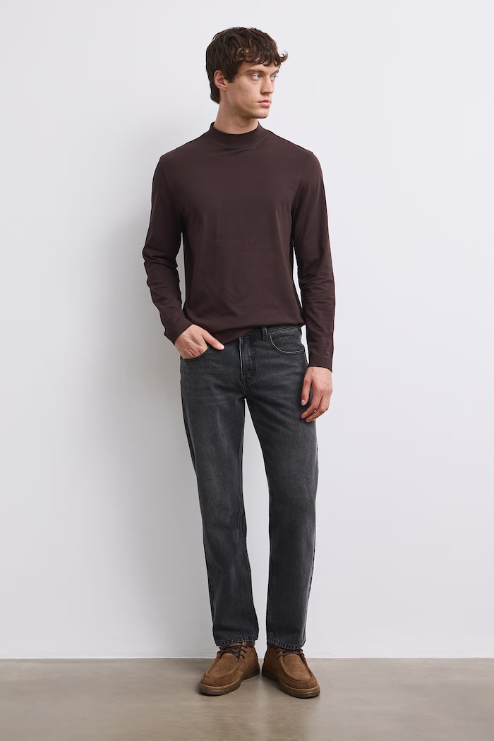 Longsleeve bawełniany męski z domieszką elastanu gładki kolor brązowy RW24-BUM060 brązowy RW24