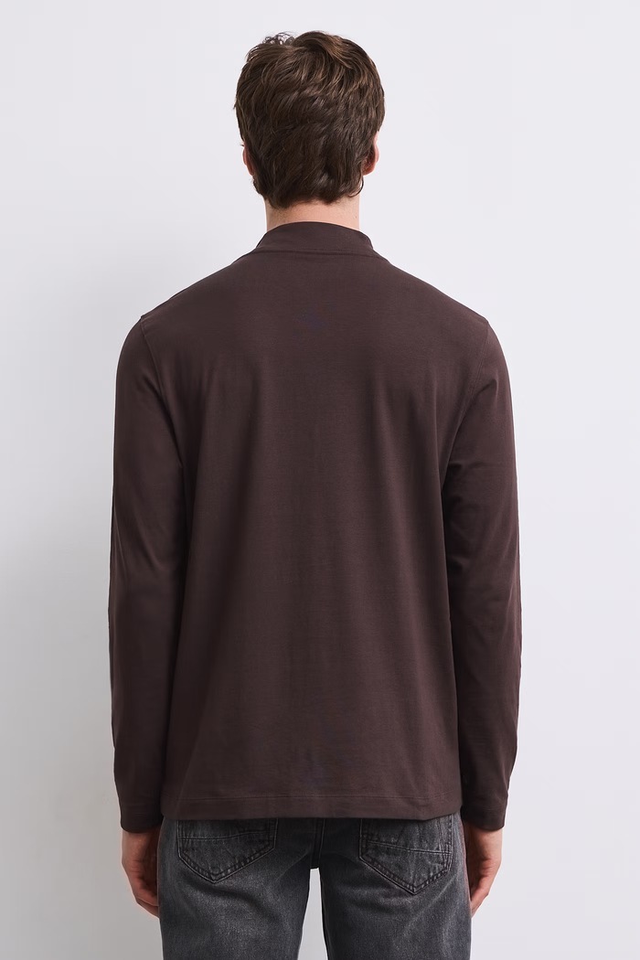 Odzież Longsleeve bawełniany męski z domieszką elastanu gładki kolor brązowy RW24-BUM060 brązowy