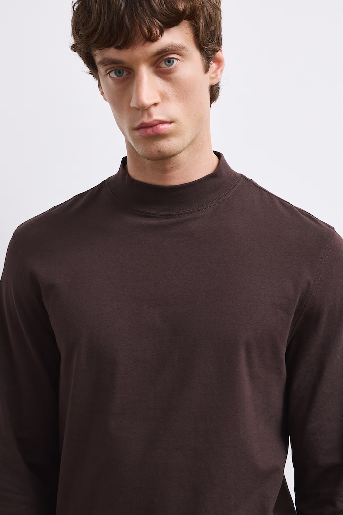 Longsleeve bawełniany męski z domieszką elastanu gładki kolor brązowy RW24-BUM060 brązowy