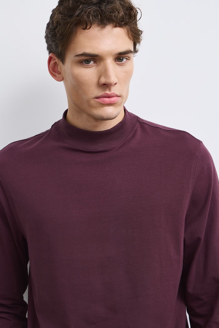 Longsleeve bawełniany męski z domieszką elastanu gładki kolor bordowy bordowy RW24-BUM060