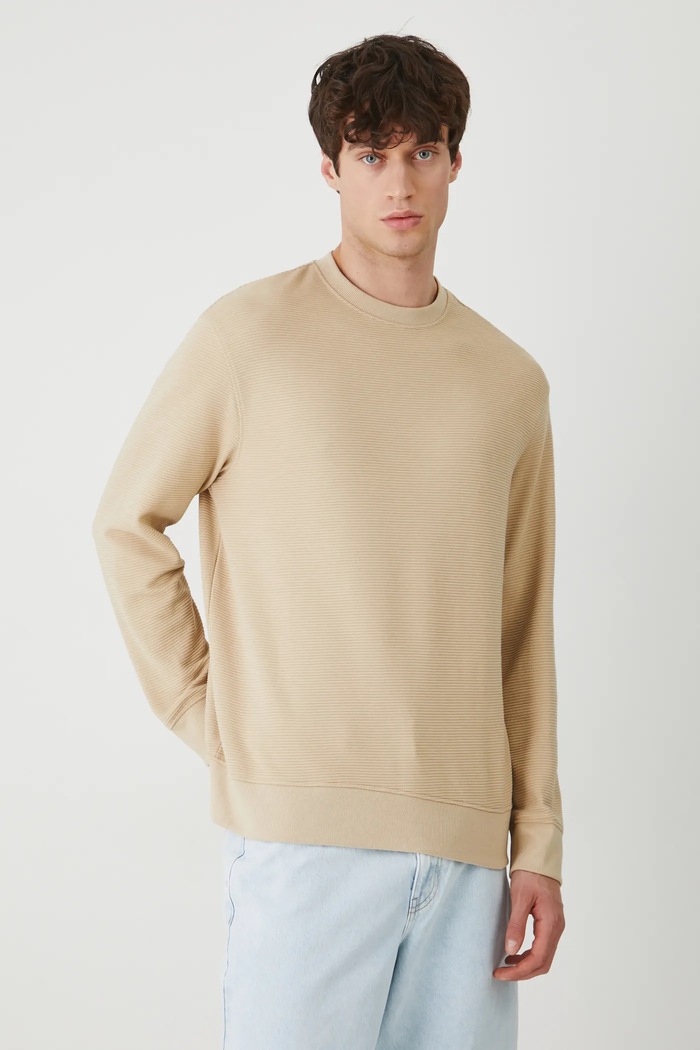 Longsleeve męski prążkowany kolor beżowy gładkie beżowy RW24-BUM061