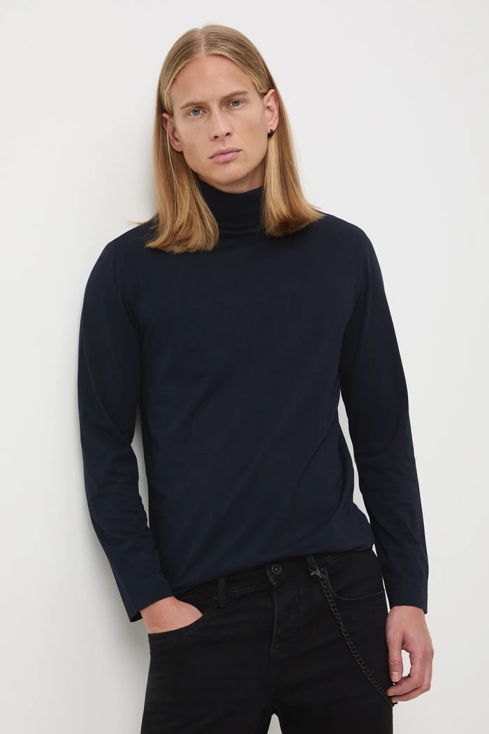 Longsleeve bawełniany męski z domieszką elastanu gładki kolor granatowy z elastanem granatowy RW24-BUM080