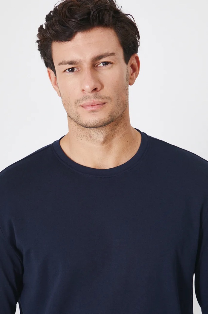 Longsleeve bawełniany męski interlock gładki kolor granatowy granatowy RW24-BUM090