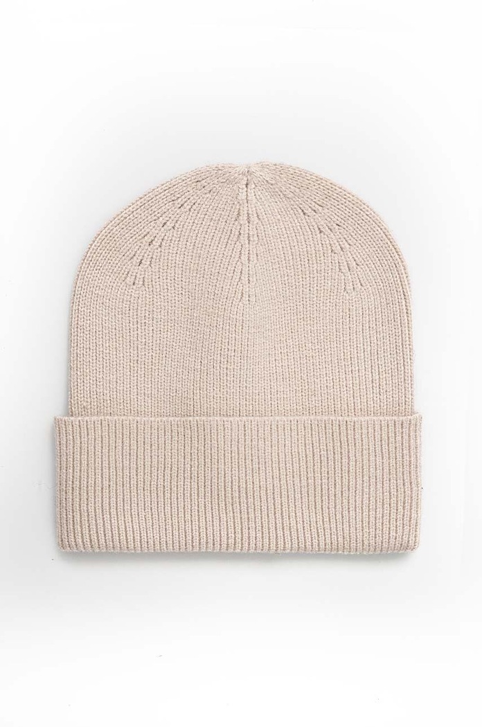 Czapka damska beanie prążkowana z wiskozą kolor beżowy średniej grubości beżowy RW24-CAD041