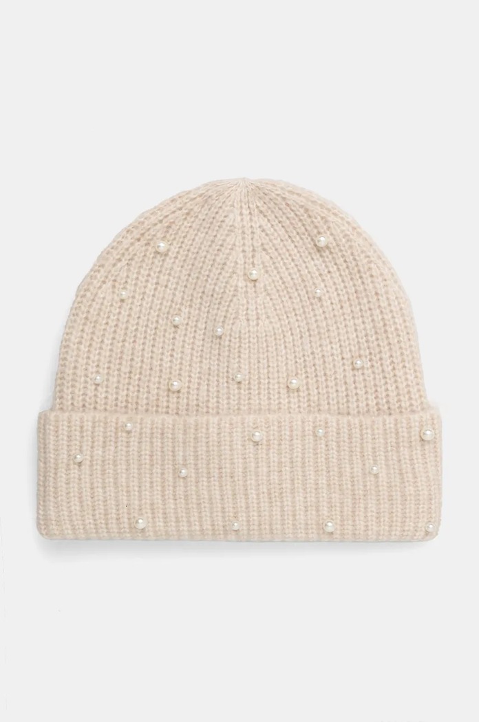 Czapka z domieszką wełny damska beanie z aplikacją kolor beżowy średniej grubości beżowy RW24-CAD600
