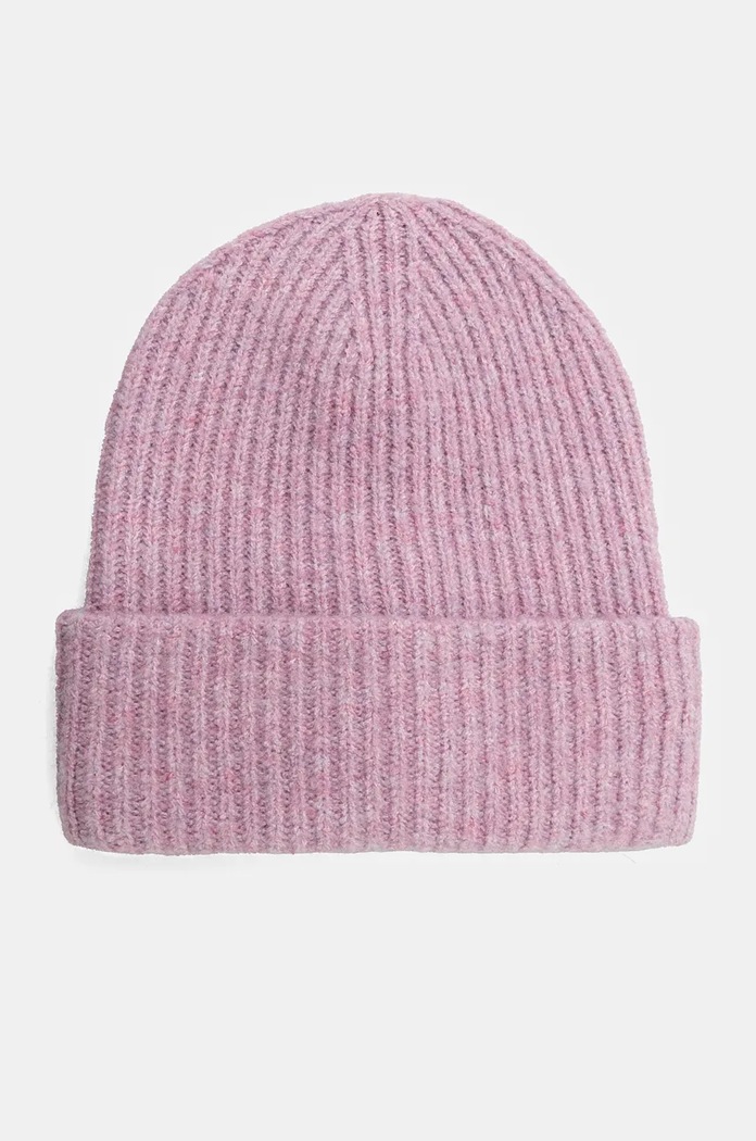 Czapka damska beanie prążkowana kolor różowy średniej grubości różowy RW24-CAD808