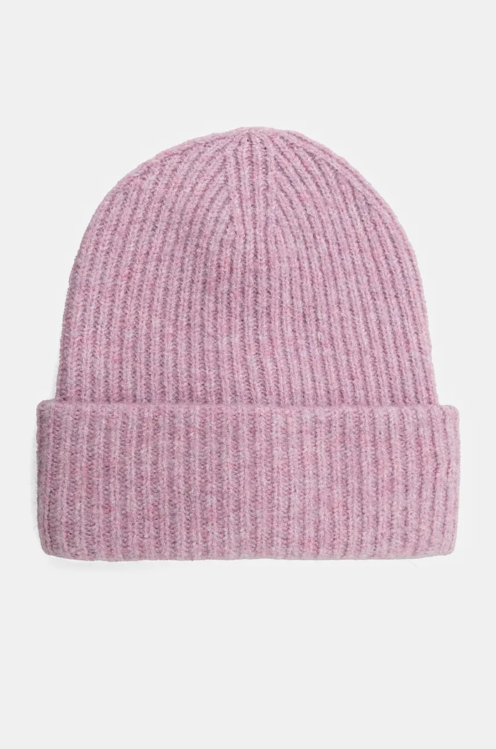Czapka damska beanie prążkowana kolor różowy średniej grubości różowy RW24-CAD808