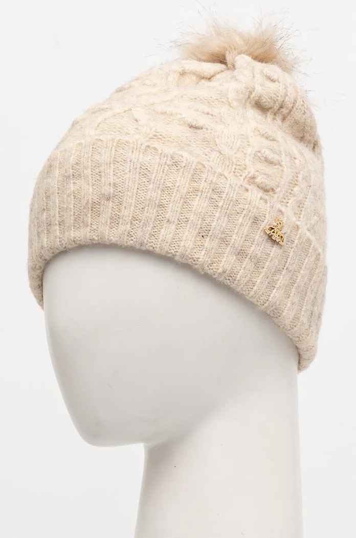 Akcesoria Czapka z domieszką wełny damski beanie z pomponem kolor beżowy RW24-CAD811 beżowy
