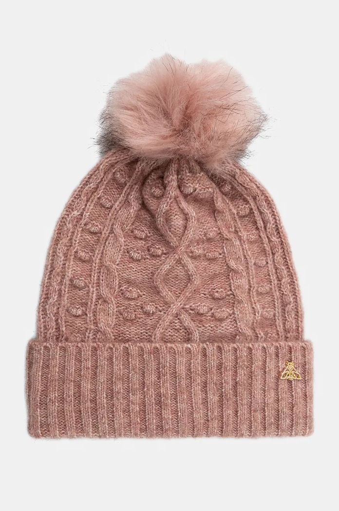 Czapka z domieszką wełny damski beanie z pomponem kolor różowy gruba różowy RW24-CAD811