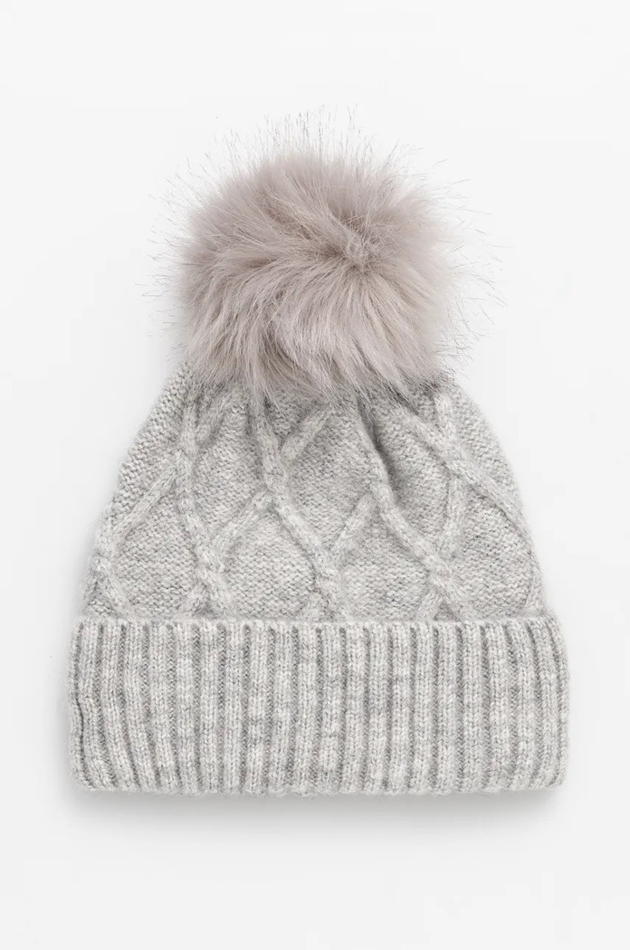 Czapka damska beanie z pomponem kolor szary średniej grubości szary RW24-CAD905