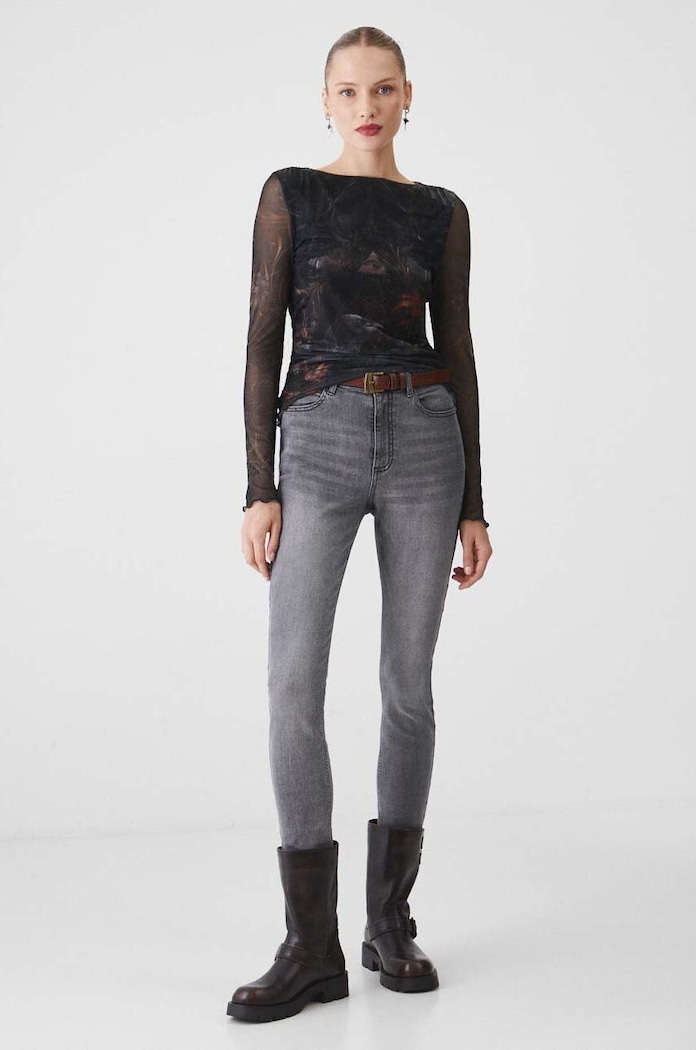 Jeansy damskie slim z efektem sprania kolor szary Basic szary RW24-SJD051