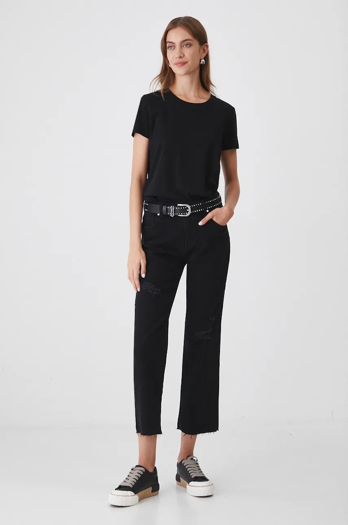 Jeansy damskie boyfriend z przetarciami kolor czarny czarny RW24-SJD605