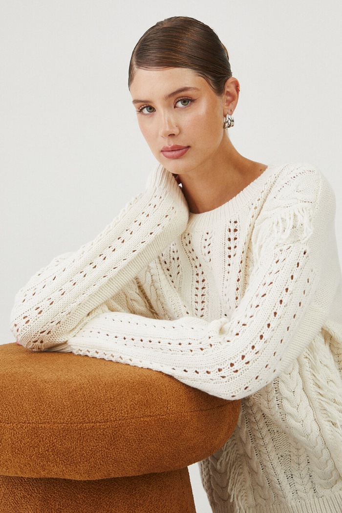 Sveter s textúrou béžová farba RW24-SWD606 béžová