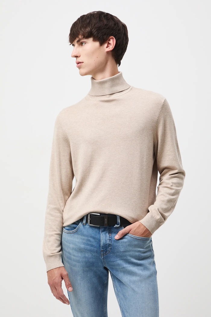 Sweter męski z golfem melanżowy kolor beżowy melanż beżowy RW24-SWM051