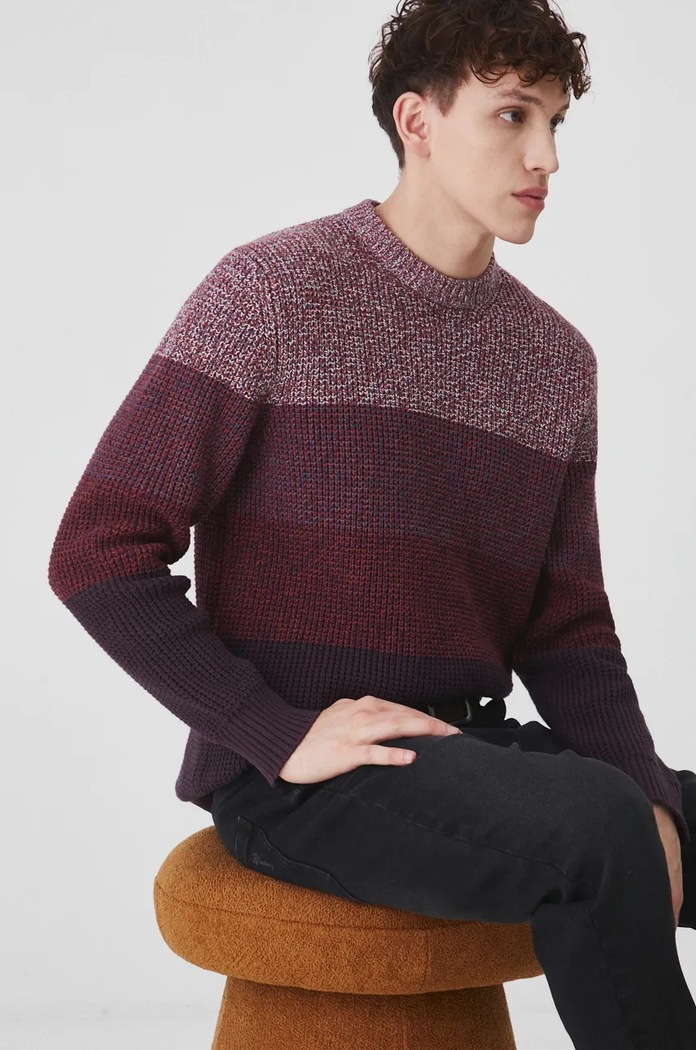 Sweter bawełniany męski z fakturą kolor bordowy bawełna bordowy RW24-SWM802