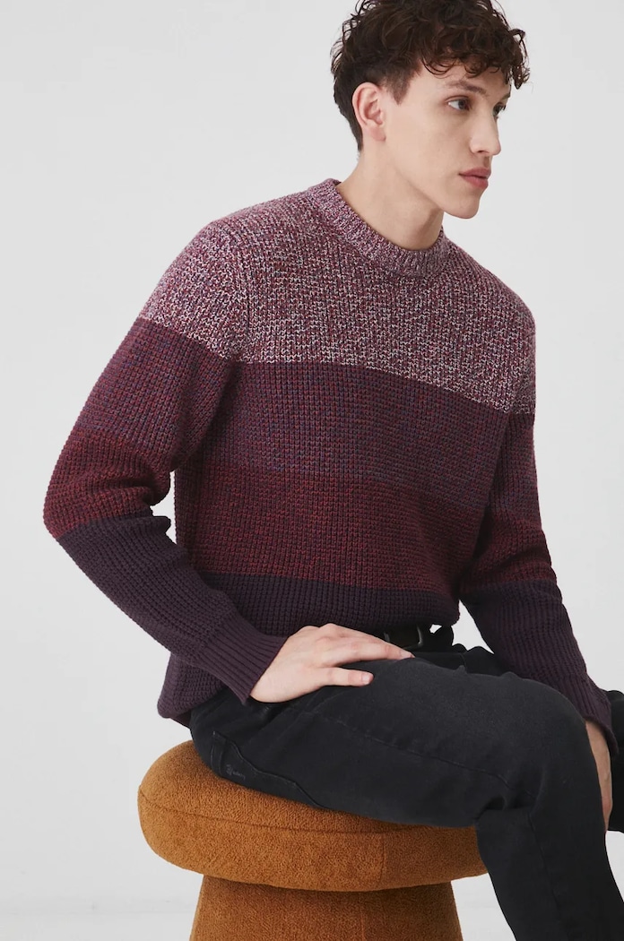Sweter bawełniany męski z fakturą kolor bordowy bawełna bordowy RW24-SWM802