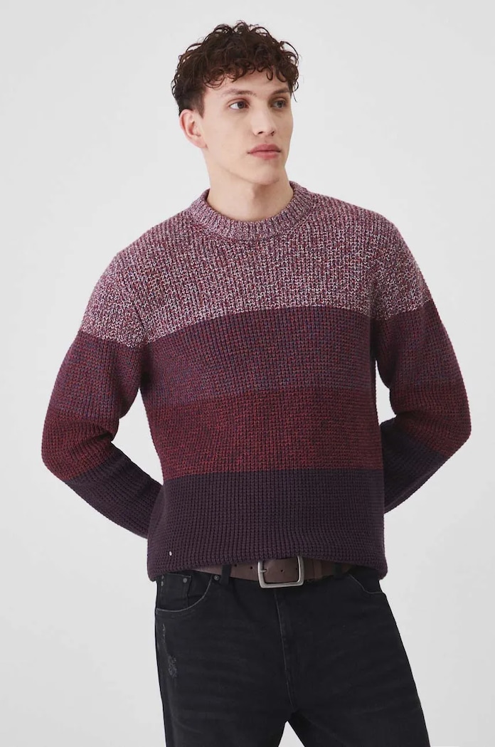 Sweter bawełniany męski z fakturą kolor bordowy bordowy RW24-SWM802
