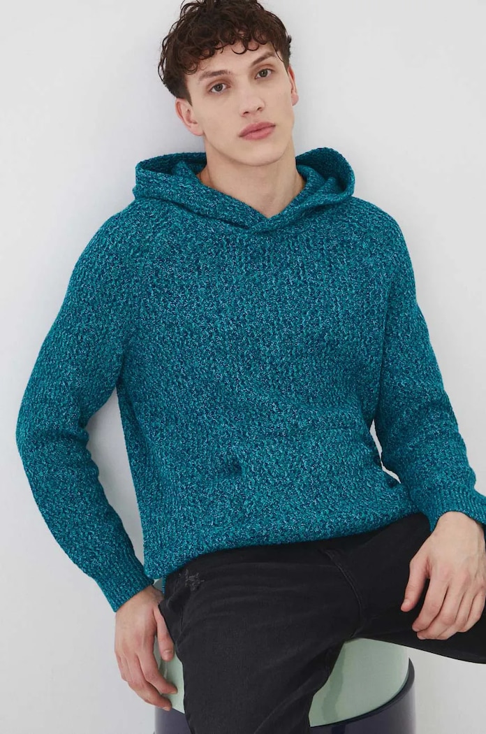 Sweter bawełniany męski melanżowy kolor turkusowy turkusowy RW24-SWM808