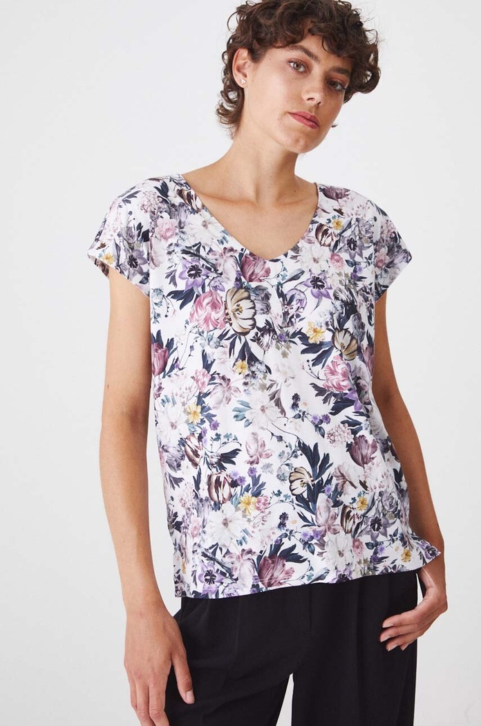 T-shirt bawełniany damski wzorzysty kolor beżowy beżowy RW24-TSD013