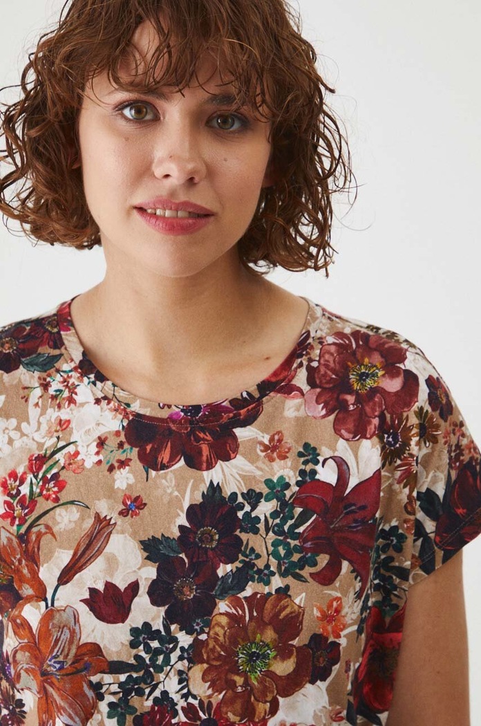 T-shirt bawełniany damski wzorzysty kolor beżowy beżowy RW24-TSD032