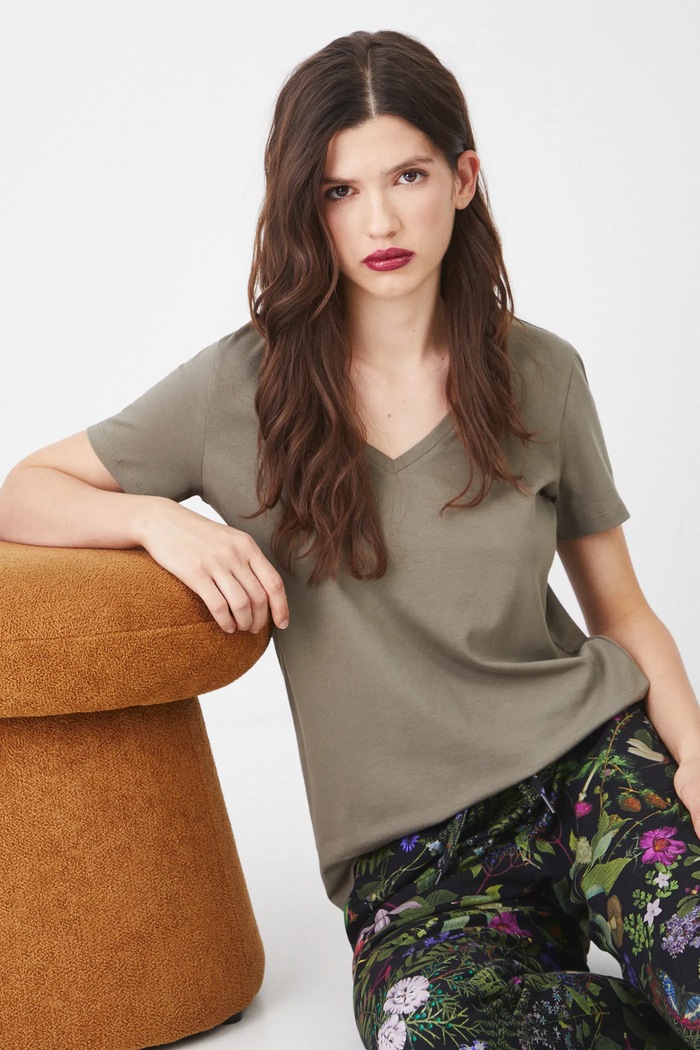T-shirt bawełniany damski z elastanem gładki kolor zielony zielony RW24-TSD043