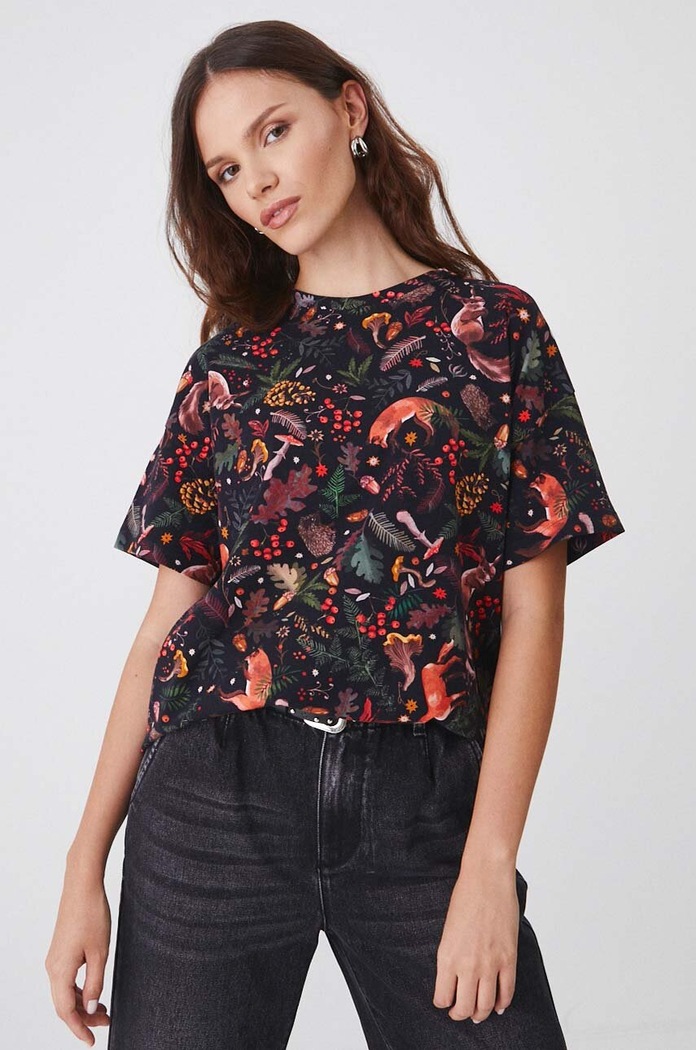 T-shirt bawełniany damski z domieszką elastanu wzorzysty kolor multicolor czarny RW24-TSD051