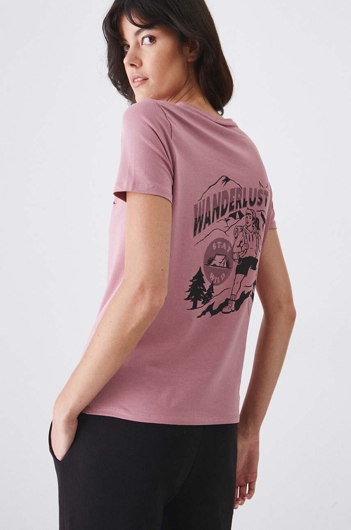 T-shirt bawełniany damski z domieszką elastanu z nadrukiem różowy okrągły różowy RW24-TSD170