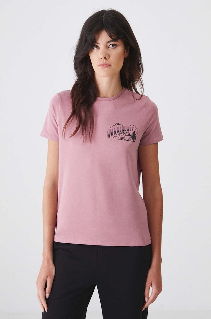 Odzież T-shirt bawełniany damski z domieszką elastanu z nadrukiem różowy RW24-TSD170 różowy