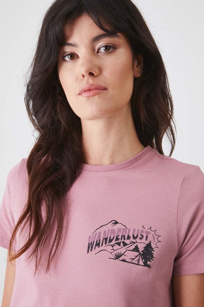 T-shirt bawełniany damski z domieszką elastanu z nadrukiem różowy różowy RW24-TSD170