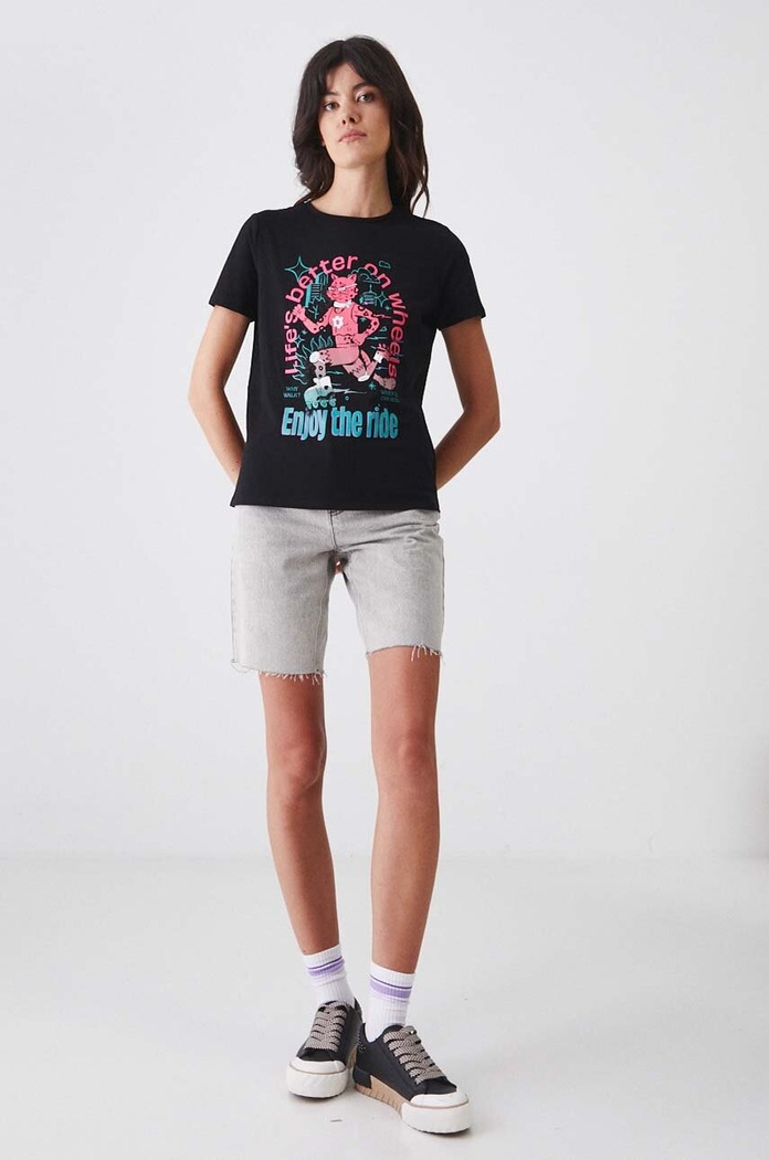 T-shirt bawełniany damski z domieszką elastanu z nadrukiem czarny RW24-TSD171 czarny RW24