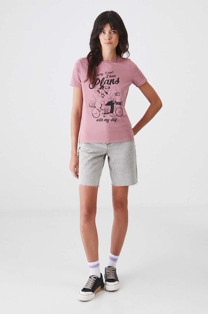 T-shirt bawełniany damski z domieszką elastanu z nadrukiem kolor różowy różowy RW24-TSD173