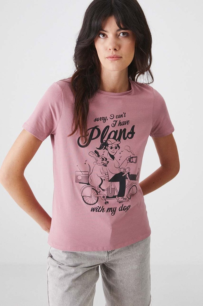 T-shirt bawełniany damski z domieszką elastanu z nadrukiem kolor różowy RW24-TSD173 różowy RW24