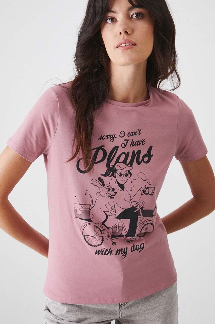 T-shirt bawełniany damski z domieszką elastanu z nadrukiem kolor różowy RW24-TSD173 różowy